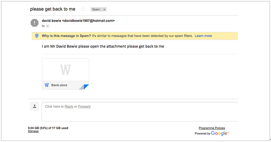 描述: Another ransomware email caught by Gmail spam filter