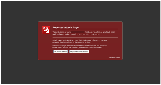 描述: A warning message preventing users from visiting an infected website