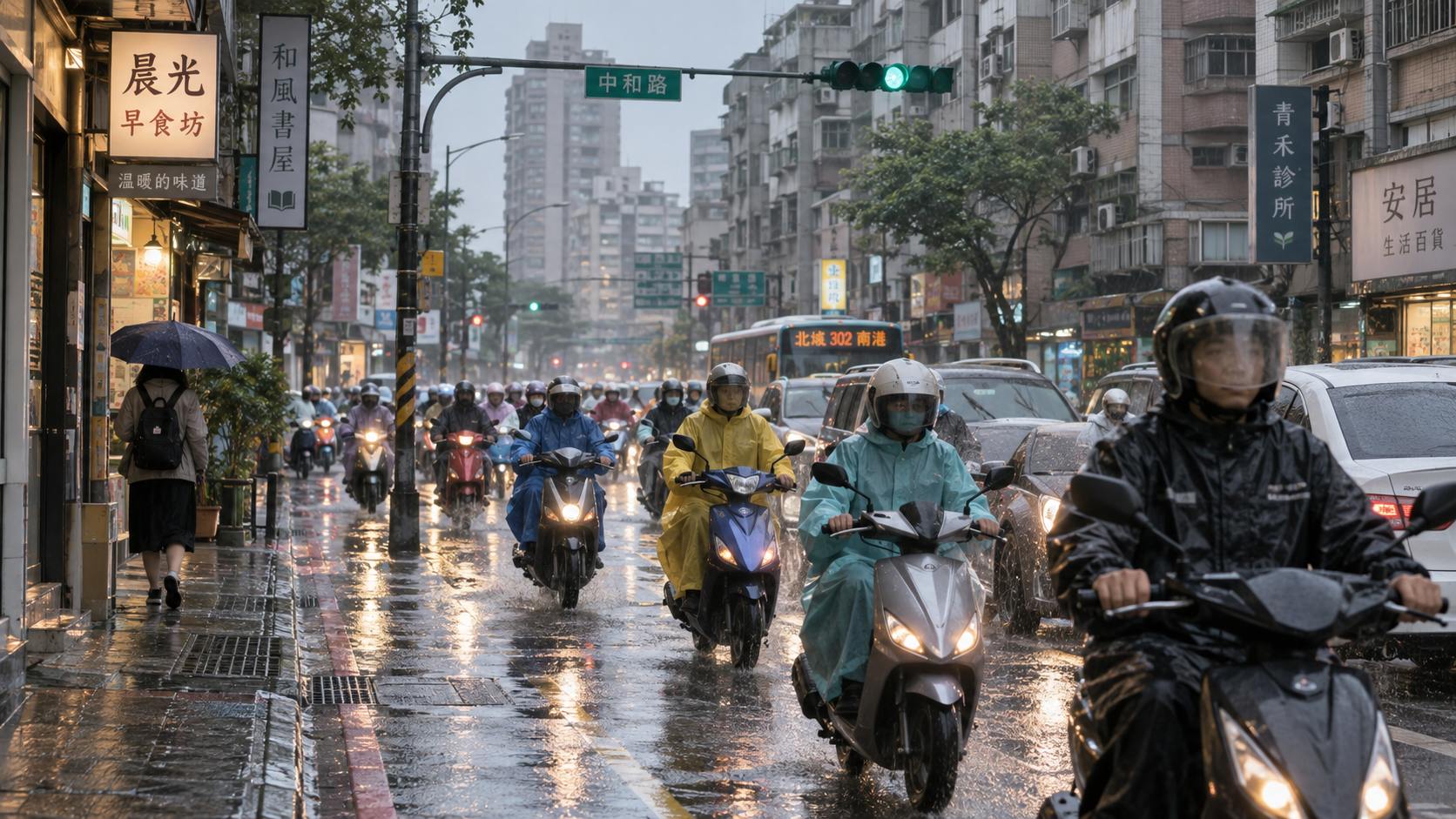 台灣下雨天大量機車騎士穿著雨衣通勤的城市道路