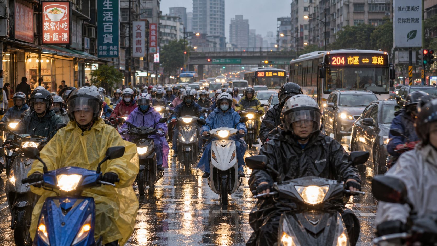台灣雨天尖峰時段穿著雨衣騎機車通勤的人群