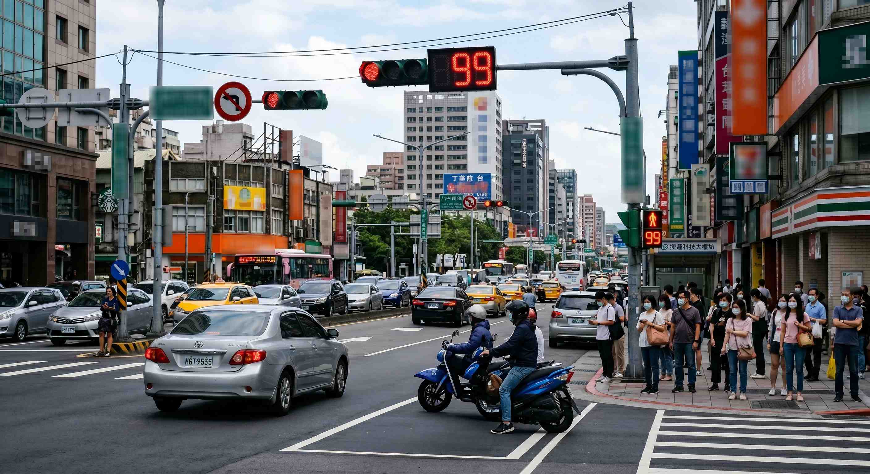 城市路口紅綠燈與車流光影質感遠景