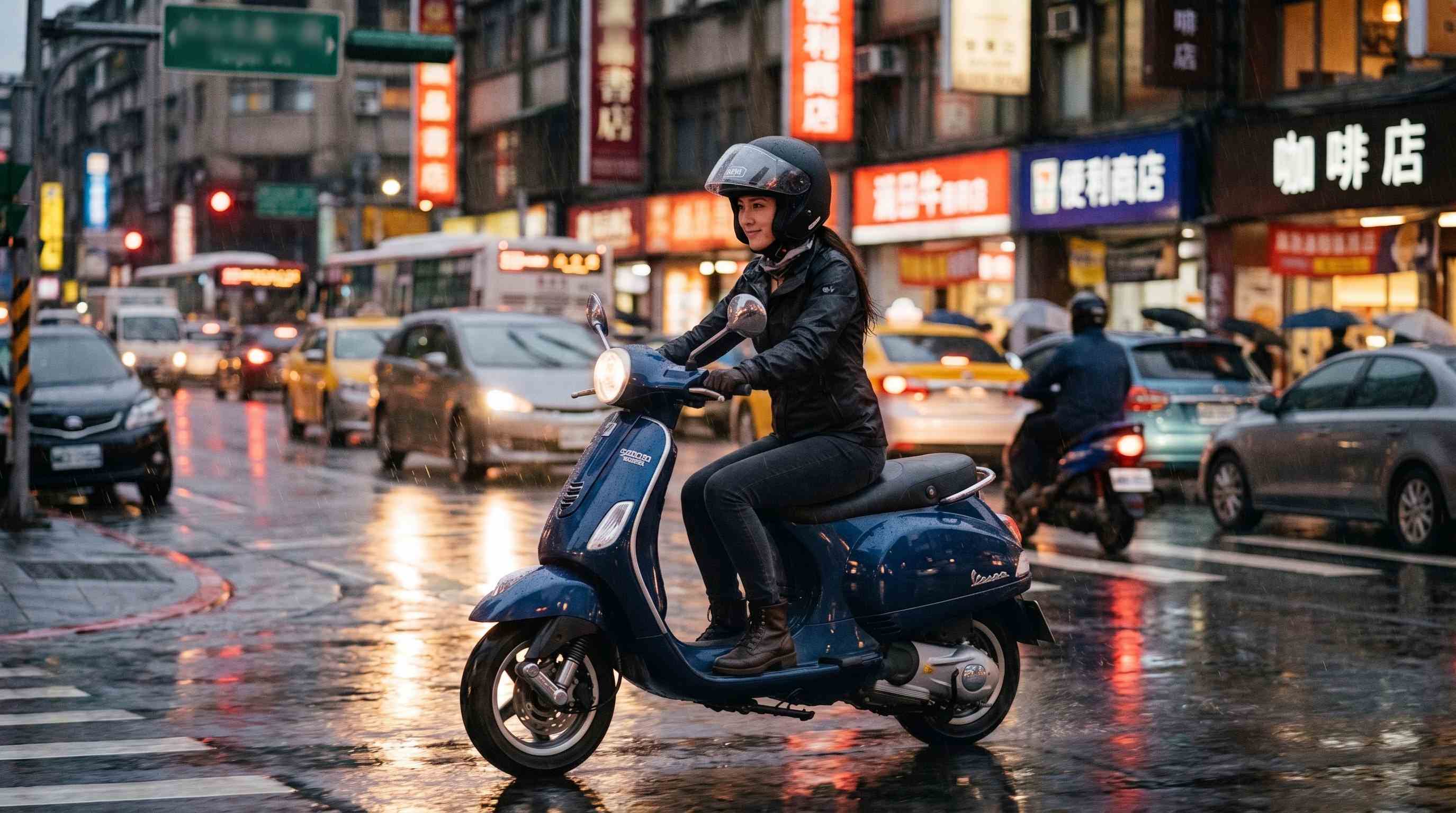 騎士在城市雨夜中專注騎行之質感光影