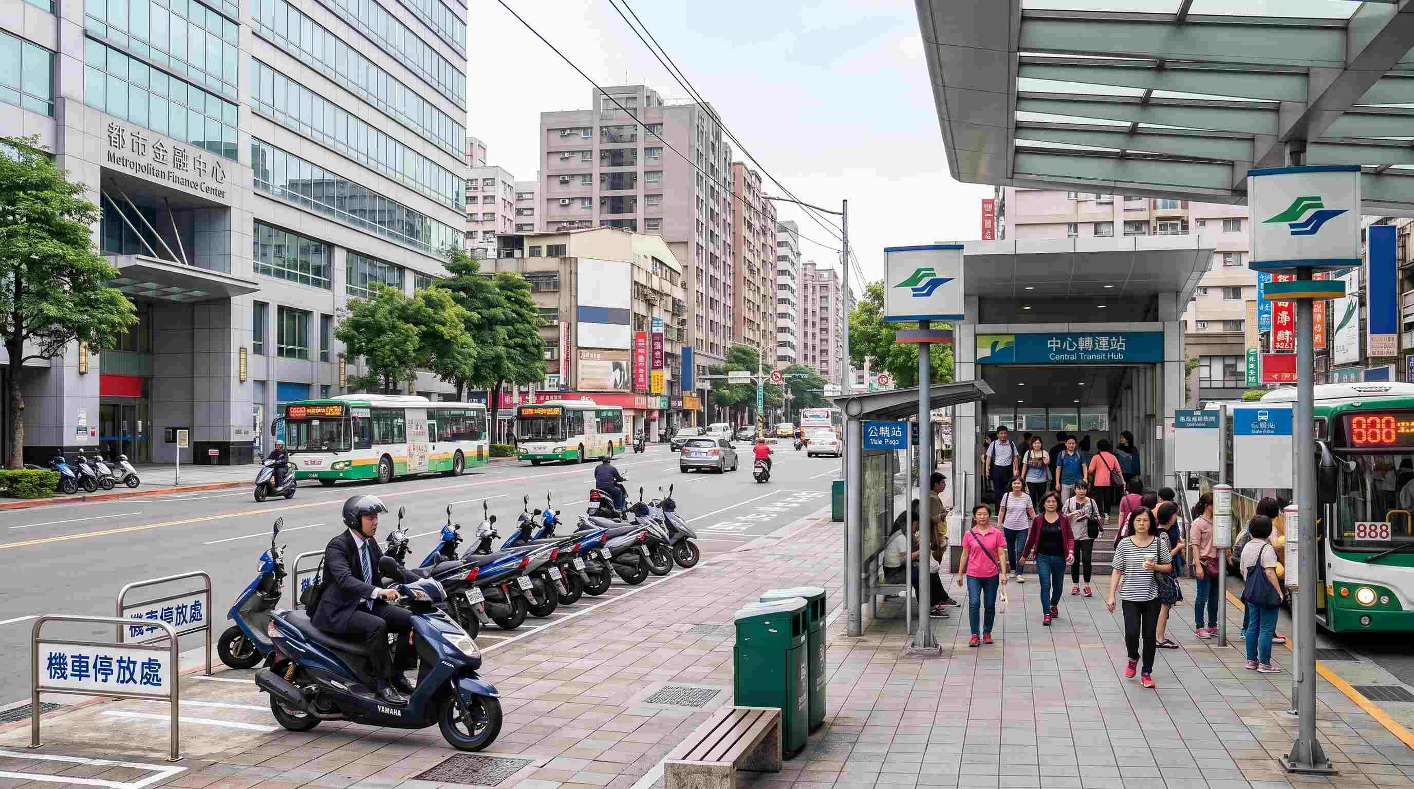 雙北都市街道中機車與捷運並存的通勤交通景象