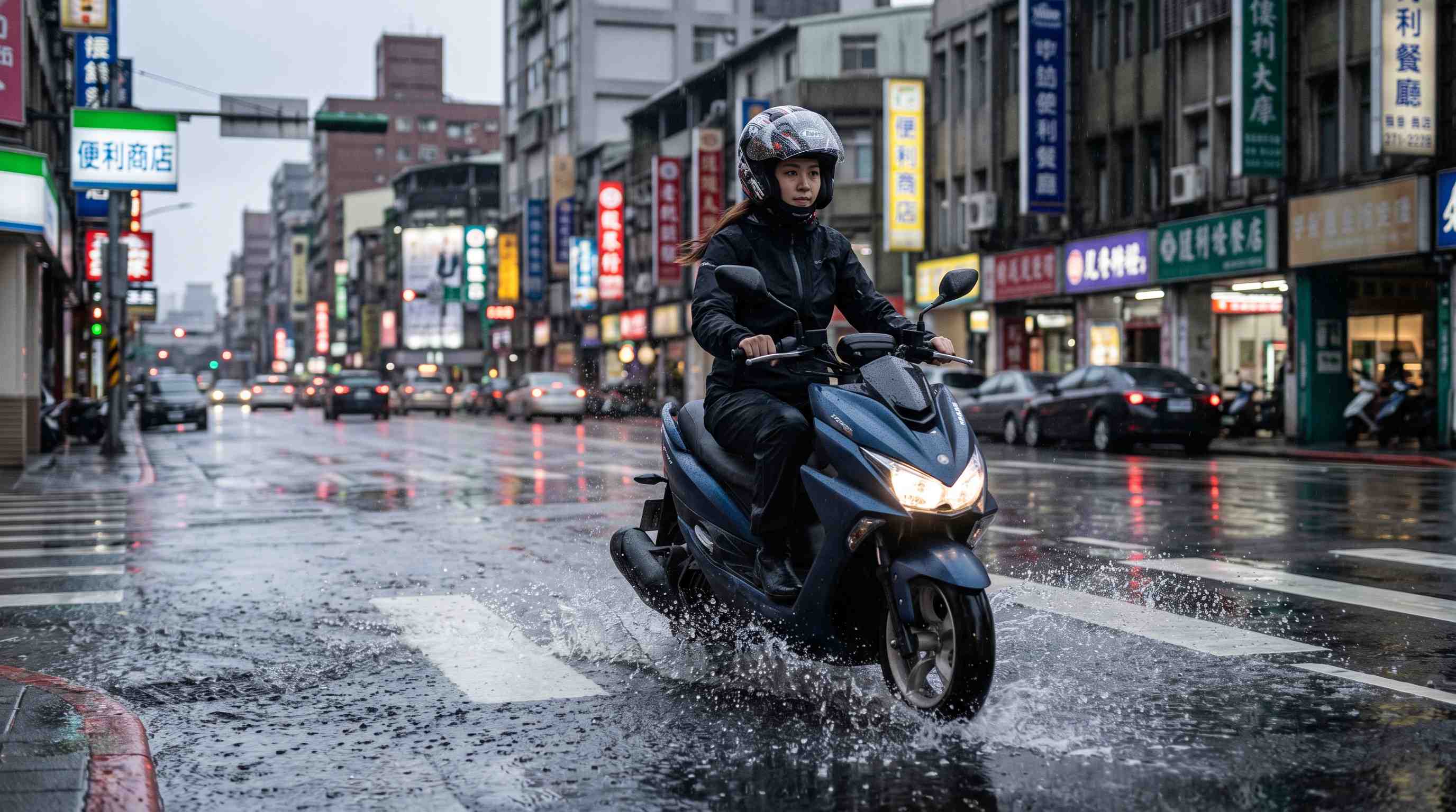 機車騎士在雨天平穩煞停之質感光影與路面水花