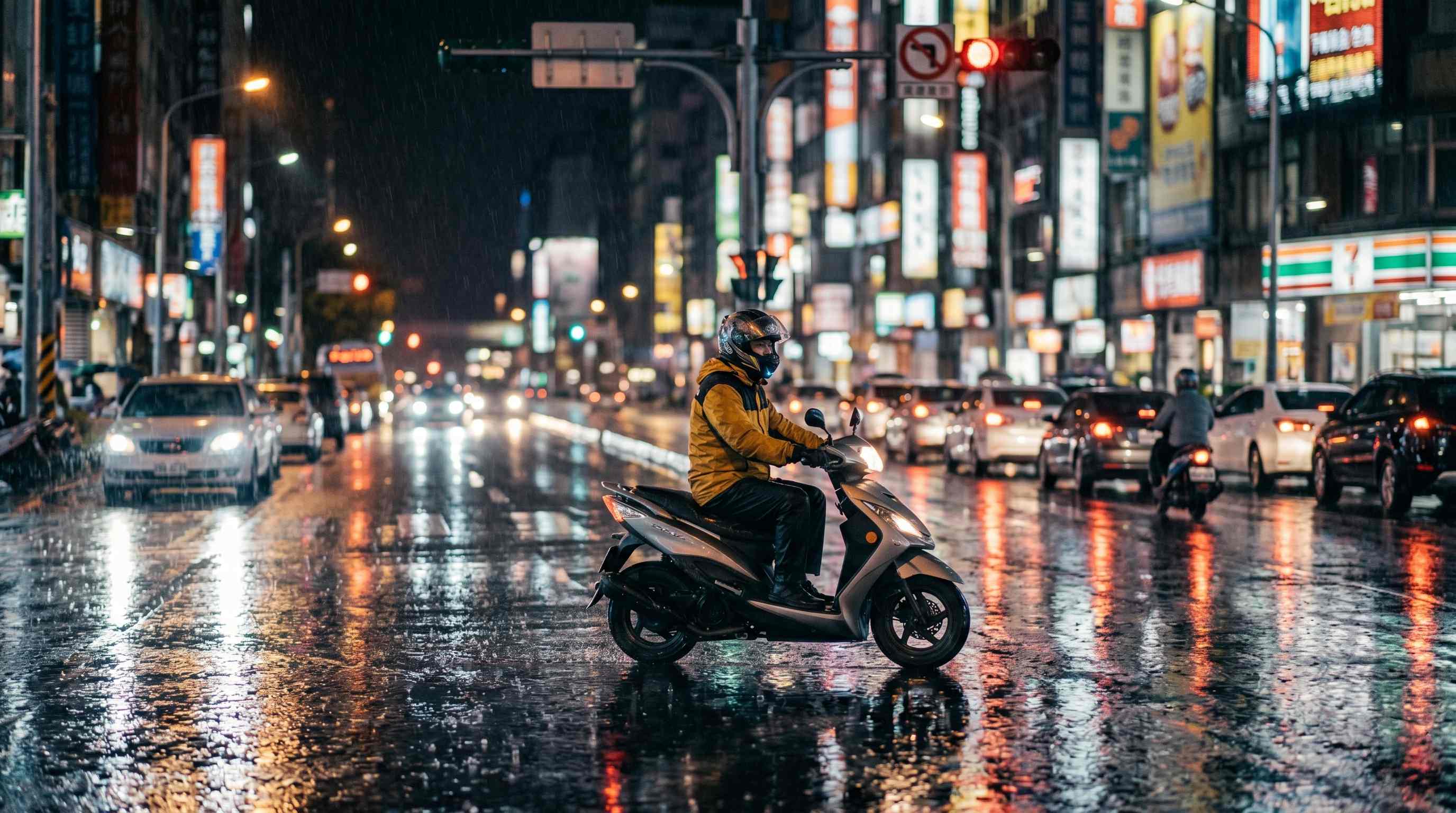騎士在城市雨夜中專注騎行之質感光影