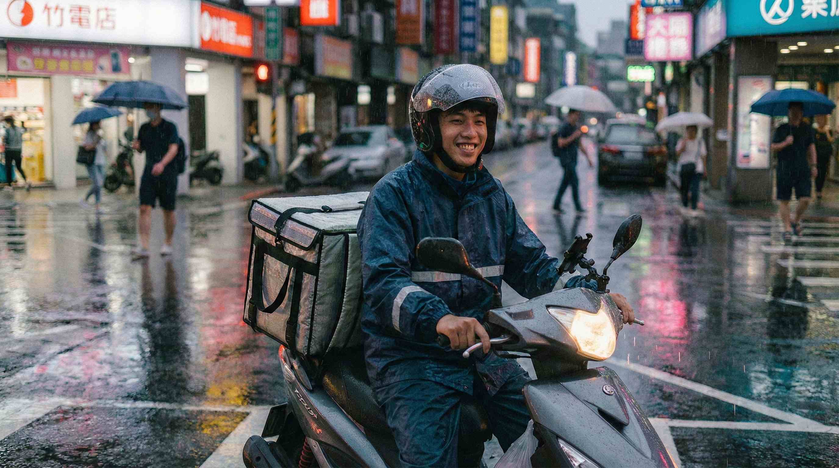 外送員穿著雨衣送餐