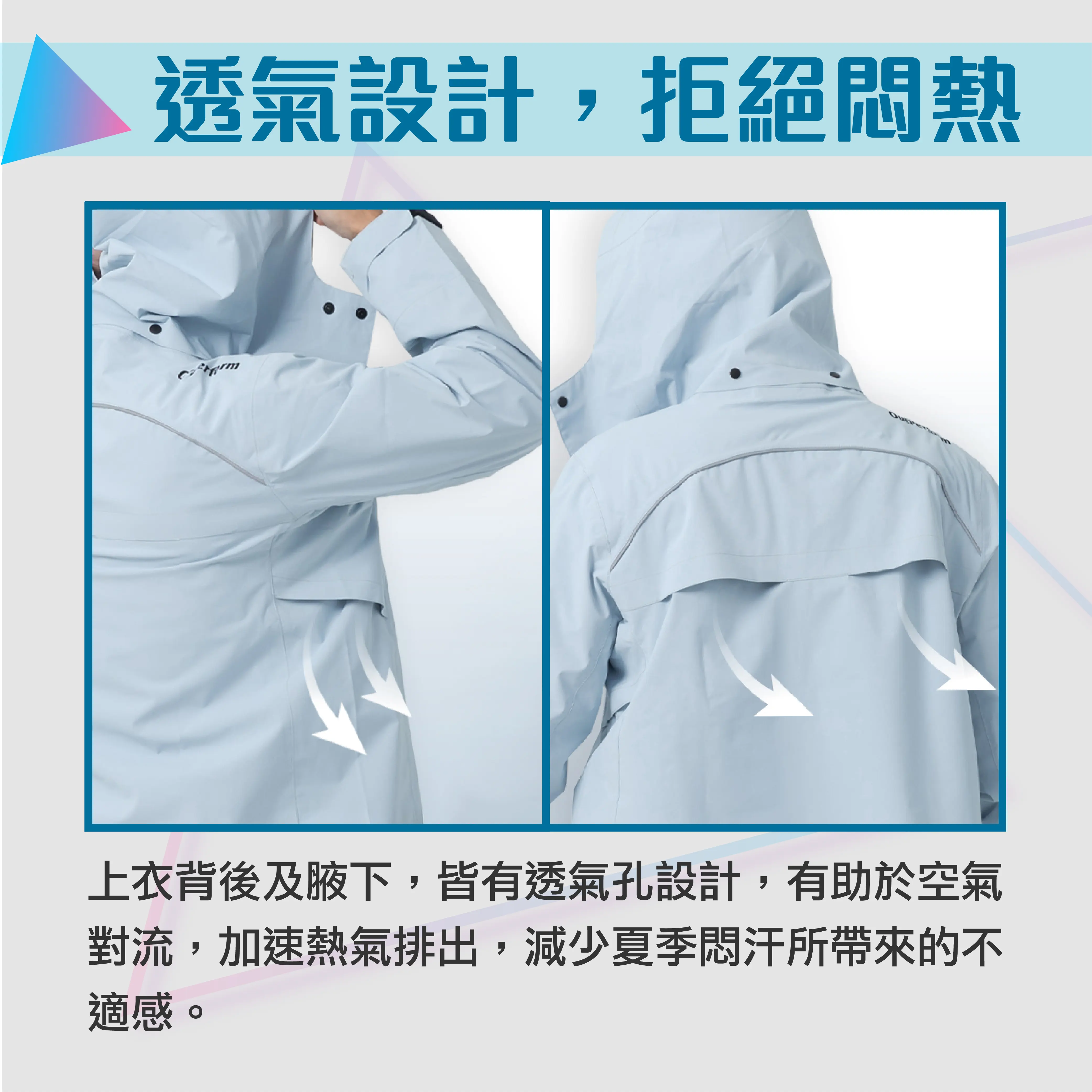 Outperform ACE T2 兩件式雨衣 上衣透氣孔設計展示