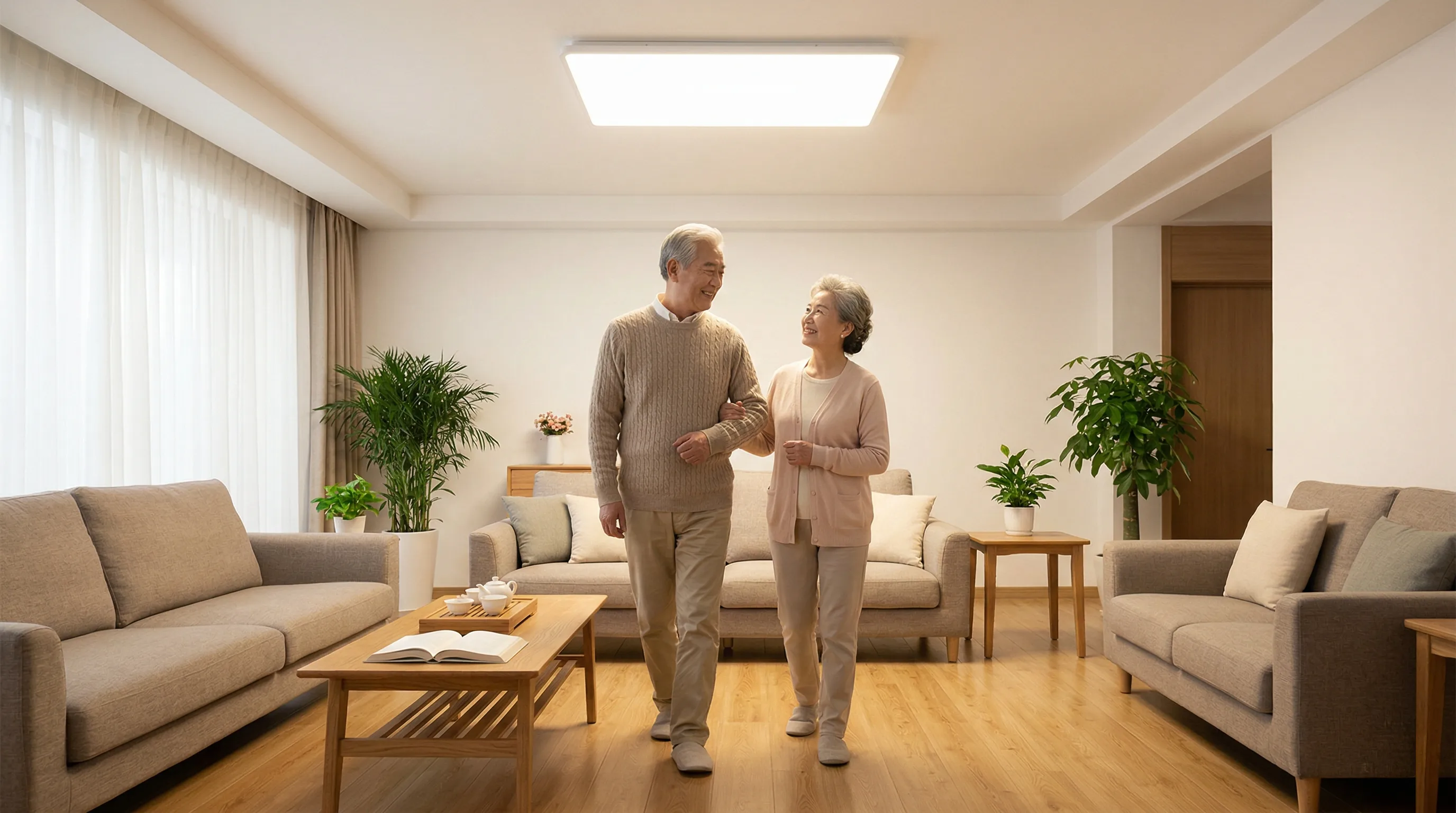 銀髮族居家防跌照明示意，可利用均勻柔和的面光源保護長輩視力